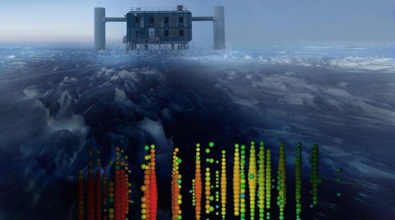 This image shows a visual representation of one of the highest-energy neutrino detections superimposed on a view of the IceCube Lab at the South Pole. Credit IceCube Collaboration