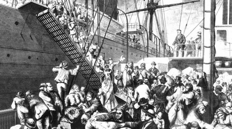 From the Old to the New World" shows German emigrants boarding a steamer in Hamburg, Germany, to come to America. Published in Harper’s Weekly, (New York) November 7, 1874, WIkipedia Commons.