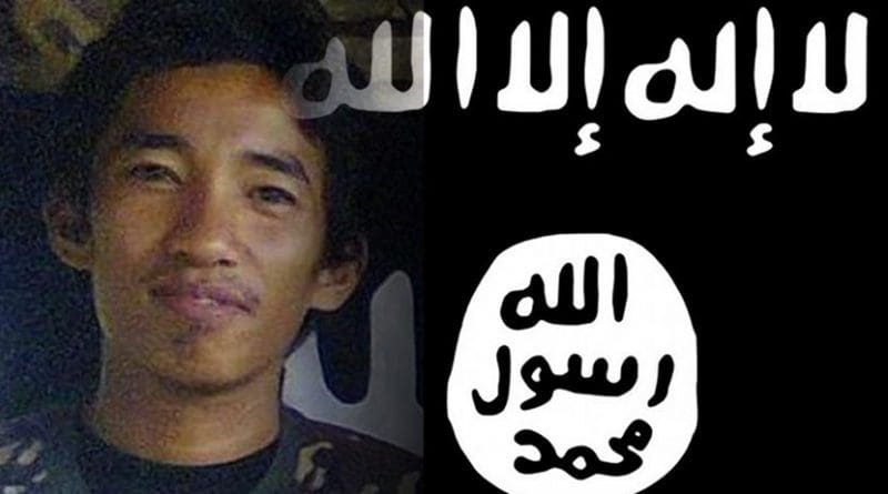 Photo montage of Amin Baco and Islamic State flag.