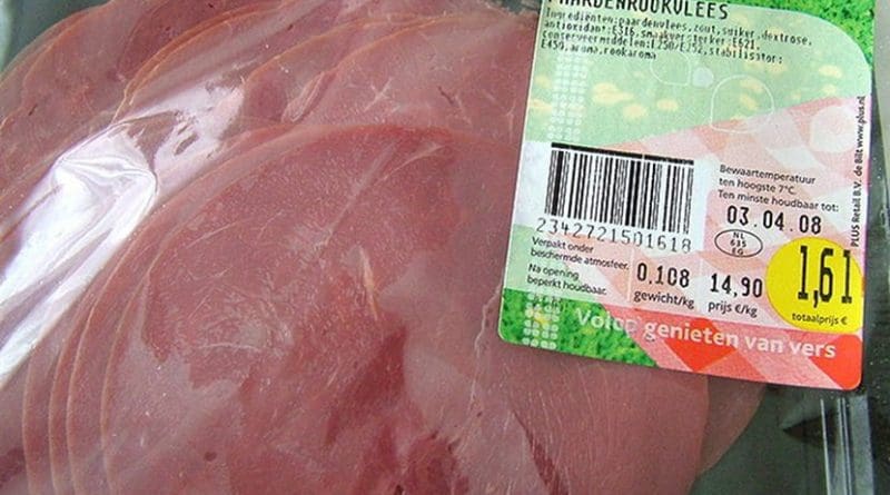 Horse meat in package. Smoked horse meat in package, bought in a Dutch supermarket; it is usually eaten in a sandwich in the Netherlands. Photo by Ziko-C, Wikipedia Commons.