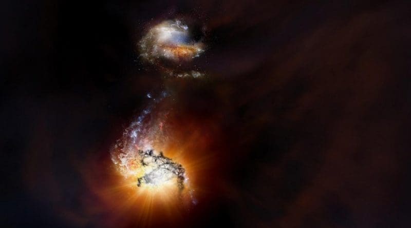 This is an artist impression of two starbursting galaxies beginning to merge in the early universe. Credit NRAO/AUI/NSF