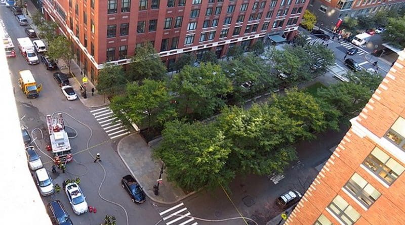 The scene of the 2017 New York City attack approximately an hour after the attack itself happened. The damaged school bus which the attacker's truck crashed into can be seen on the top left. This photo was taken from the 10th floor of Stuyvesant High School. Photo by Gh9449, Wikipedia Commons.