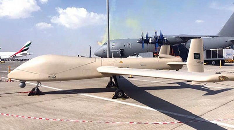 King Abdul Aziz City for Science and Technology (KACST) presents its combat drone Saqr 1 at the Dubai Airshow 2017. Photo Credit: Arab News.