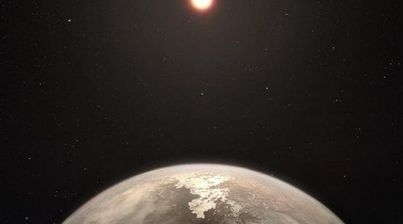 This artist's impression shows the temperate planet Ross 128 b, with its red dwarf parent star in the background. This planet, which lies only 11 light-years from Earth, was found by a team using ESO's unique planet-hunting HARPS instrument. The new world is now the second-closest temperate planet to be detected after Proxima b. It is also the closest planet to be discovered orbiting an inactive red dwarf star, which may increase the likelihood that this planet could potentially sustain life. Ross 128 b will be a prime target for ESO's Extremely Large Telescope, which will be able to search for biomarkers in the planet's atmosphere. Credit ESO/M. Kornmesser