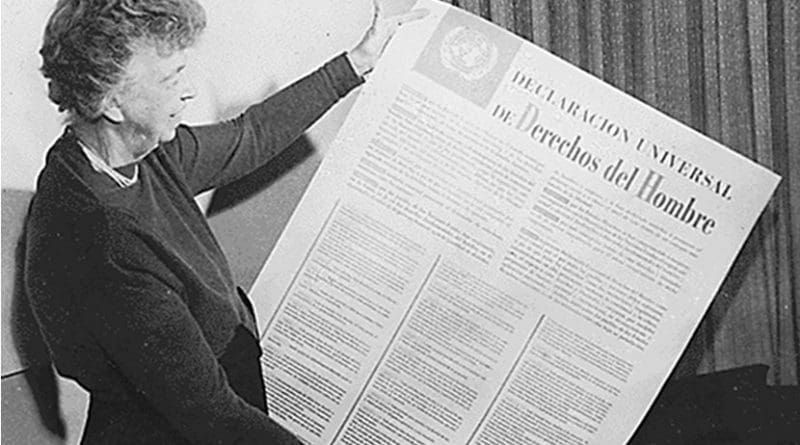 Eleanor Roosevelt and United Nations Universal Declaration of Human Rights in Spanish text. Photo Credit: Franklin D Roosevelt Library website, Wikipedia Commons.