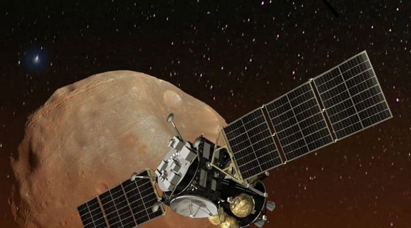 Artist's concept of Japan's Mars Moons eXploration (MMX) spacecraft, carrying a NASA instrument to study the Martian moons Phobos and Deimos. Credits: JAXA/NASA