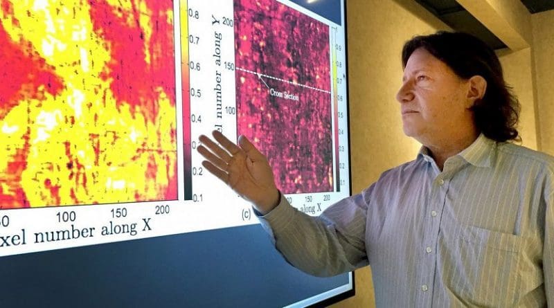 Georgia Tech professor David Citrin is shown with images produced by a terahertz imaging technique. Researchers studied a 17th century painting using a terahertz reflectometry technique to analyze individual paint layers. Credit John Toon, Georgia Tech