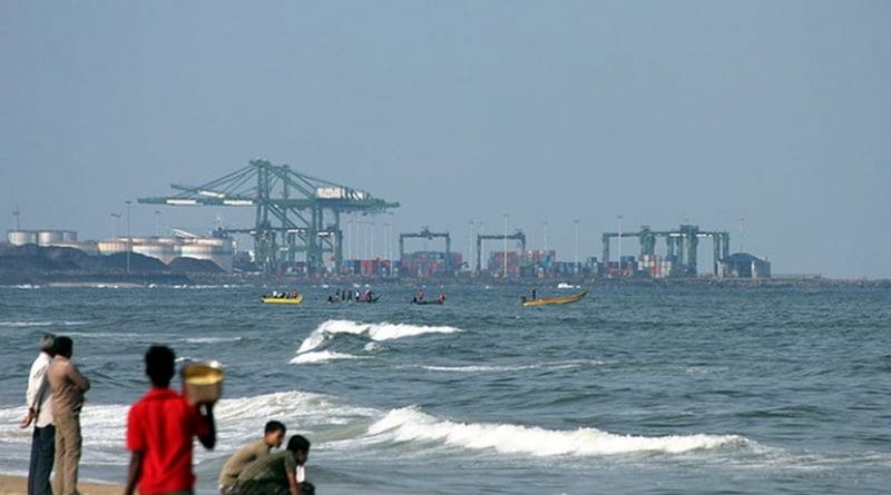 Chennai International Container Terminal (India) view from the Marina Beach. Photo by VtTN, Wikipedia Commons.