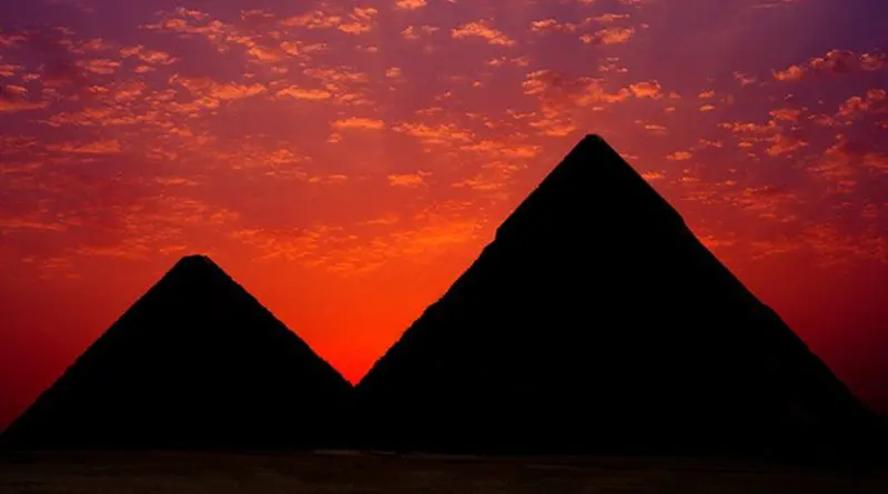 Sunset over the pyramids in Egypt.