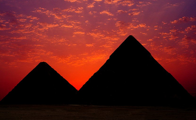 Sunset over the pyramids in Egypt.