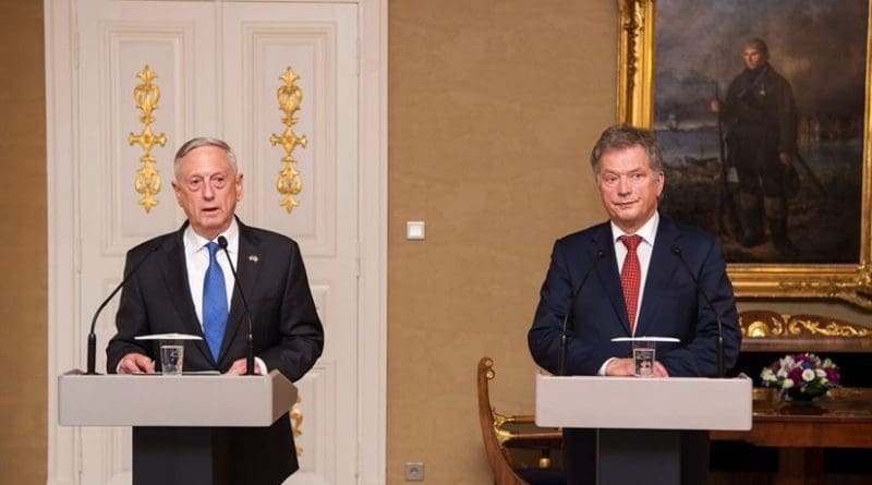 US Defense Secretary Jim Mattis and Finland's President Sauli Niinistö speak to the media at the Presidential Palace in Helsinki, Finland, Nov. 6, 2017. DoD photo by Air Force Staff Sgt. Jette Carr