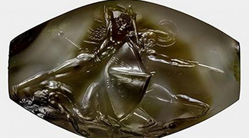 The tiny sealstone depicting warriors in battle measures just 1.4 inches across but contains incredible detail. Credit University of Cincinnati