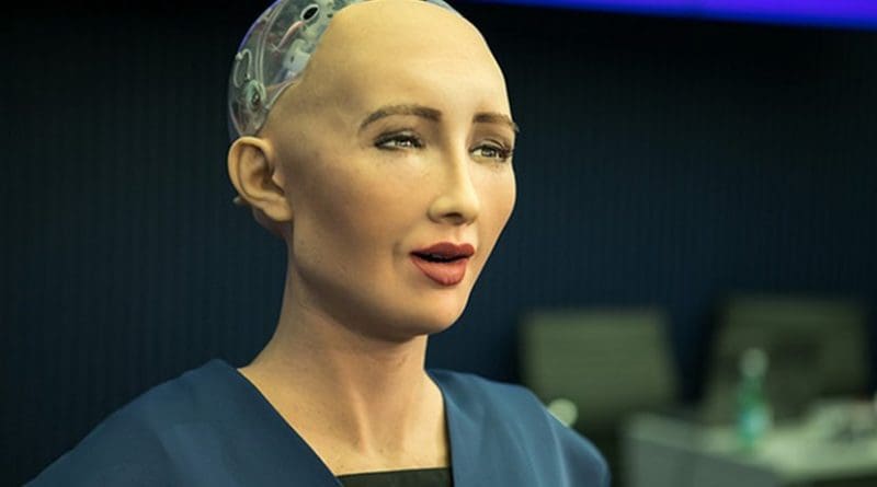 Sophia is a humanoid robot developed by Hong Kong-based company Hanson Robotics. Photo by ITU Pictures, Wikipedia Commons.