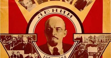 A Soviet propaganda poster featuring Vladimir Lenin (1870-1924), published on the fifth anniversary of his death in 1929. Source: Wikipedia Commons.