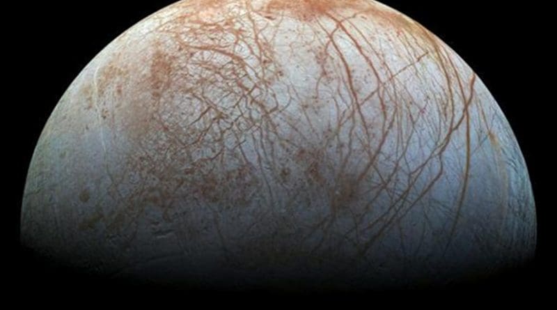 Previous studies had hinted that something like subduction may have been happening on Jupiter's moon, Europa. A new study provides geophysical evidence that it could indeed be happening on the moon's icy shell. Credit NASA/JPL-Caltech/SETI Institute