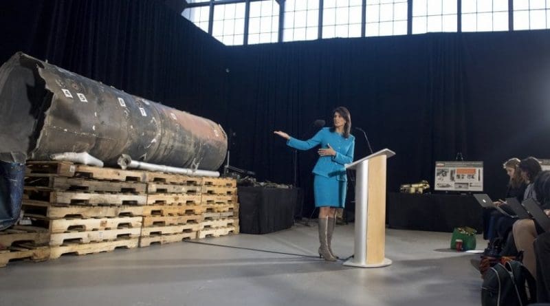 U.S. Ambassador to the United Nations Nikki Haley speaks about evidence of Iran’s destabilizing activities in the Middle East and Iran’s effort to cover up continued violations of UN resolutions at a press conference at Joint Base Anacostia-Boling Dec. 14, 2017. DoD photo by EJ Hersom