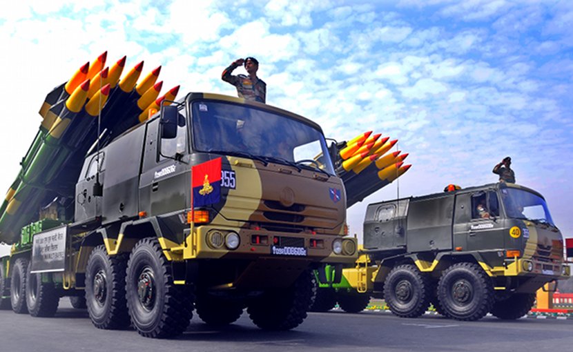 Smerch 300 mm multi-barrel rocket launcher in India military parade. Photo by Hemant.rawat1234, Wikimedia Commons.
