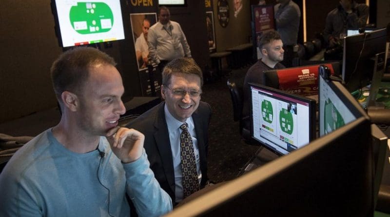 Jason Les, a professional poker player specializing in heads-up, no-limit Texas Hold'em, is watched by Tuomas Sandholm, professor of computer science at Carnegie Mellon University, as play gets underway in the Brains Vs. AI competition in January 2017. Libratus, an AI developed at Carnegie Mellon, beat Les and three other pros during the 20-day competition in Pittsburgh. Credit Carnegie Mellon University