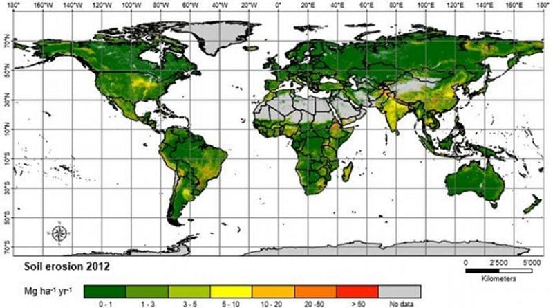 The spatial pattern of soil erosion in 2012. Areas classified as having very low, and low erosion rates represent almost 85 percent of the study area. About 7.5 million km2 in total (6.1 percent of the land), exceeds the generic tolerable soil erosion threshold Credit European Union, University of Basel