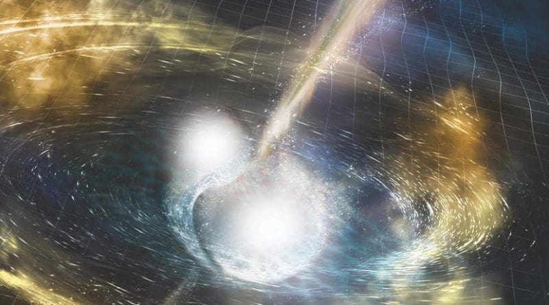 Artist's illustration of two merging neutron stars. The rippling space-time grid represents gravitational waves that travel out from the collision, while the narrow beams show the bursts of gamma rays that are shot out just seconds after the gravitational waves. Swirling clouds of material ejected from the merging stars are also depicted. The clouds glow with visible and other wavelengths of light. Credit NSF/LIGO/Sonoma State University/A. Simonnet
