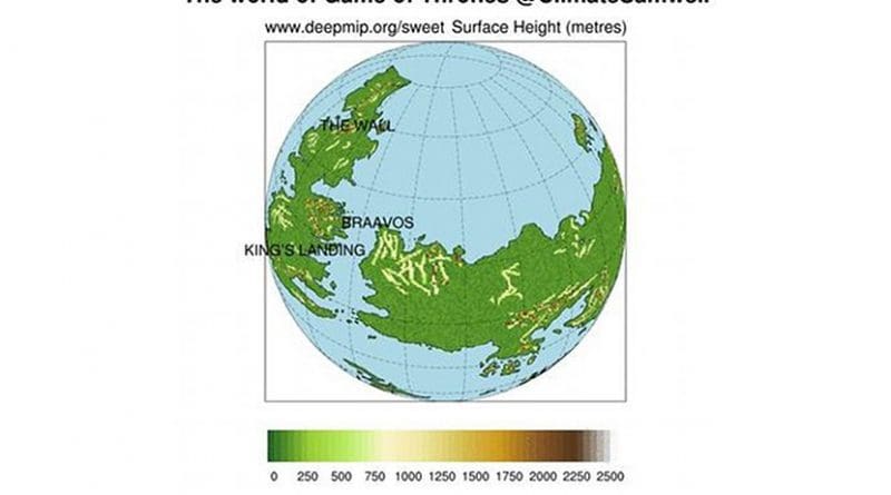 The world of Game of Thrones, showing the positions of the continents over the globe. Light blue represents the ocean, and the colour scale over the continents shows the height of the mountains and hills. This information is needed by the climate model because the surface characteristics such as height and reflectivity have a strong influence on atmospheric winds and temperature. Credit Dan Lunt, University of Bristol