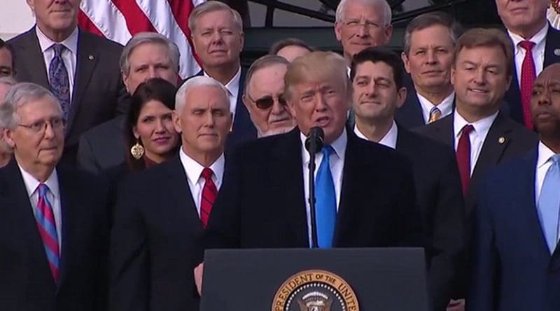 US President Donald Trump and Republicans celebrate passage of tax reform. Photo Credit: White House video screenshot.