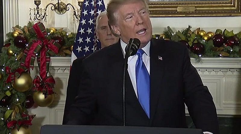 US President Donald Trump delivering statement on decision to recognize Jerusalem as capital of Israel. Photo Credit: Screenshot of White House video.