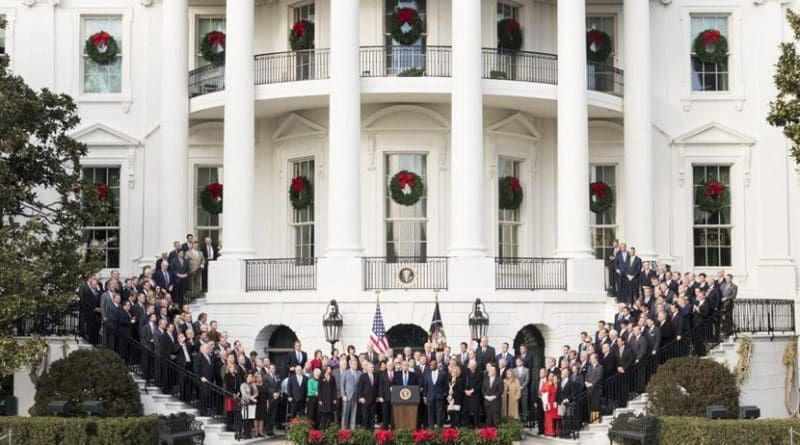 Republicans gather with US President Donald Trump to celebrate passin of tax reform, with White House decorated for Christmas. Photo Credit: White House.