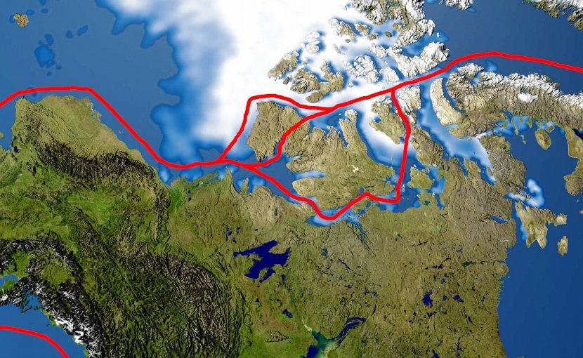 The Northwest Passage and its approach lanes, based upon a NASA image. Source: Wikimedia Commons.