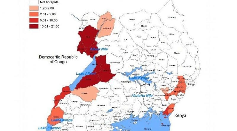 These are high risk districts (hotspots) for cholera in Uganda, 2011-2016. Credit Mohammad Ali, 18 Nov 2017