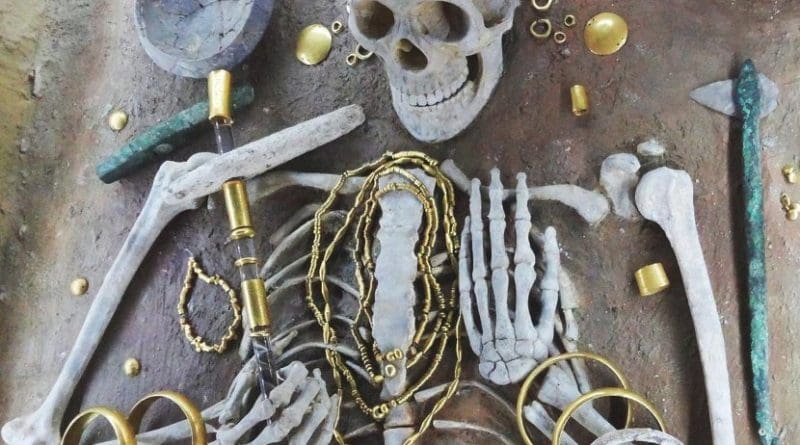 Gold from the richest grave in the cemetery at the 5th millennium site of Varna, Bulgaria. This grave contains c.3kg of gold items decorating the body of the deceased. Varna is considered one of the key archaeological sites in world prehistory. Credit E. Pernicka