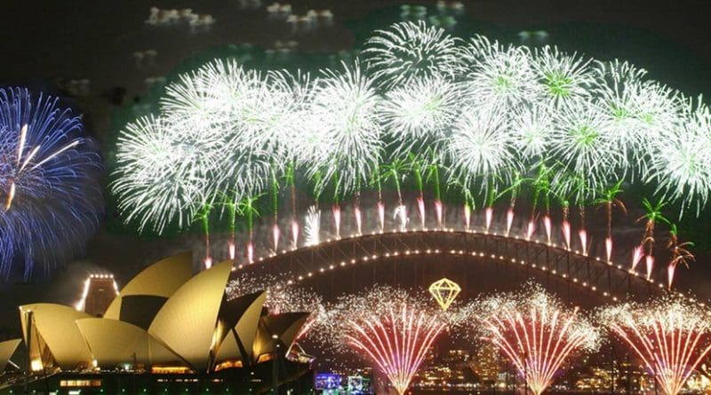 Fireworks at New Year's celebration at Sydney, Australia. Photo by Rob Chandler, Wikipedia Commons.