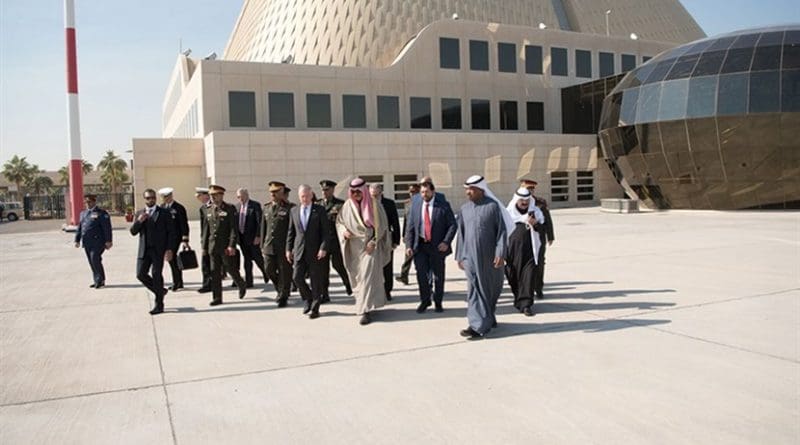 Defense Secretary James N. Mattis walks with Kuwaiti Deputy Prime Minister and Minister of Defense Sheikh Mohammad Khaled Al Hamad Al Sabah following a meeting with the Kuwaiti Emir Sheikh Sabah Al Ahmad Al Sabah in Kuwait City, Kuwait, Dec. 5, 2017. Mattis traveled to Egypt, Jordan, Pakistan and Kuwait to reaffirm the U.S. commitment to partnerships in the Middle East, West Africa and South Asia. DoD photo by Army Sgt. Amber I. Smith