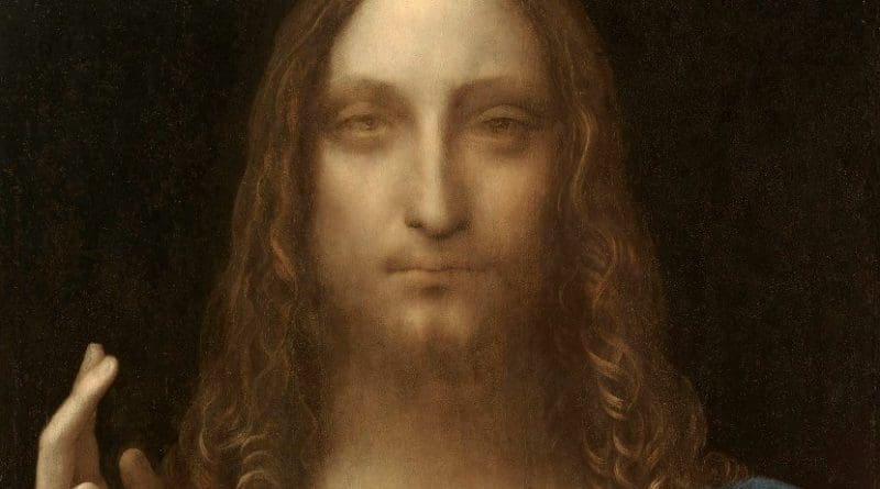 Leonardo da Vinci, Salvator Mundi. The painting was sold at Christie's New York, November 15, 2017, for $450.3 million, making it the most expensive painting ever sold. Source: Wikipedia Commons.