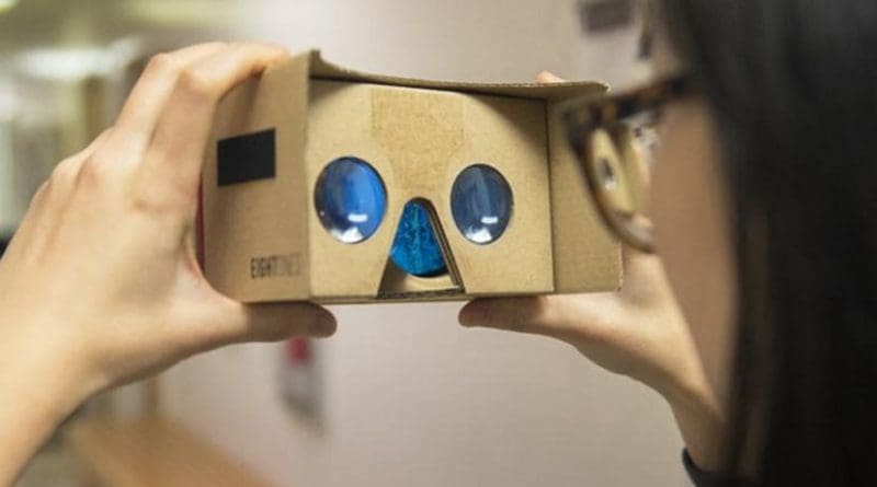 The virtual reality cardboard viewer utilizes a mobile phone application to display stories. Credit Patrick Mansell