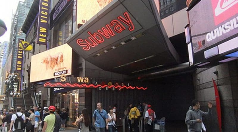 Entrance to the station at 42nd Street & 7th Avenue in New York City. File photo by Harrison Leong, Wikipedia Commons.