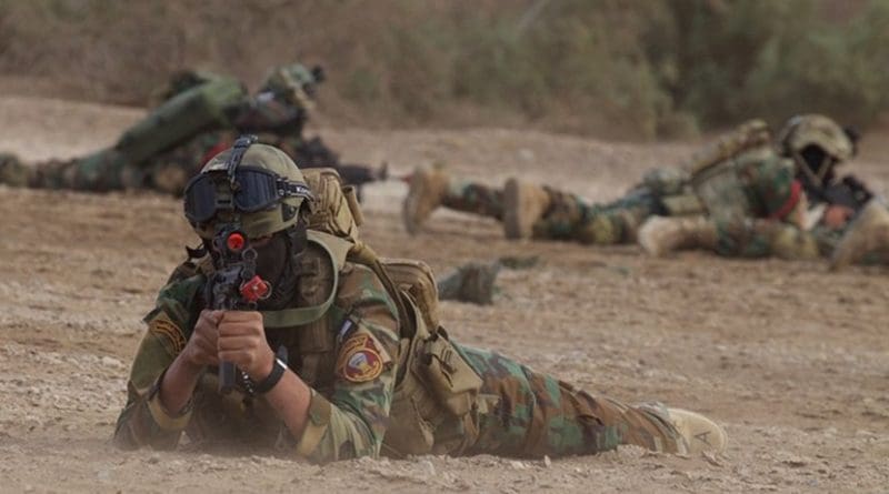 Members of the Iraqi special forces provide security during a final air mobility operations exercise at Camp Taji, Iraq, Nov. 27, 2017. Camp Taji is one of four Combined Joint Task Force Operation Inherent Resolve bases dedicated to training partner forces and enhancing their effectiveness on the battlefield. CJTF-OIR is the global coalition to defeat ISIS in Iraq and Syria. Army photo by Cpl. Rachel Diehm