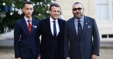 Morocco's King Mohammed VI, accompanied by Crown Prince Moulay El Hassan and France's President Emmanuel Macron.