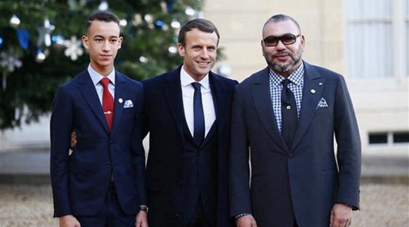 Morocco's King Mohammed VI, accompanied by Crown Prince Moulay El Hassan and France's President Emmanuel Macron.