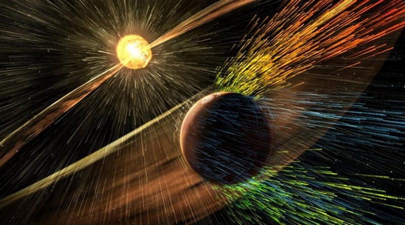 An artist's rendition depicts a solar storm hitting Mars and stripping ions from the upper atmosphere. Credit NASA's Goddard Space Flight Center