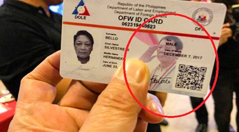 A sample of the new identification card for Filipino migrant workers with the picture of President Rodrigo Duterte. Photo supplied by UCAN