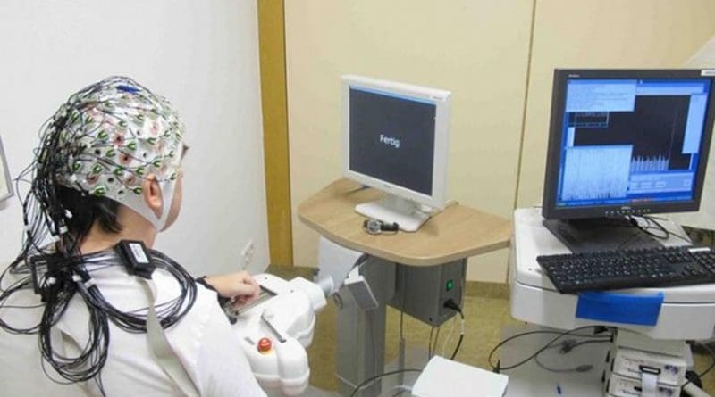 The Brain-Machine Interface (BMI) setup applied in this study. Participants imagine opening their hand without actually making any movement while their hand is placed in a device that passively opens and closes their fingers as it receives the necessary input from their brain activity. Credit Gharabaghi lab, University of Tuebingen, Germany