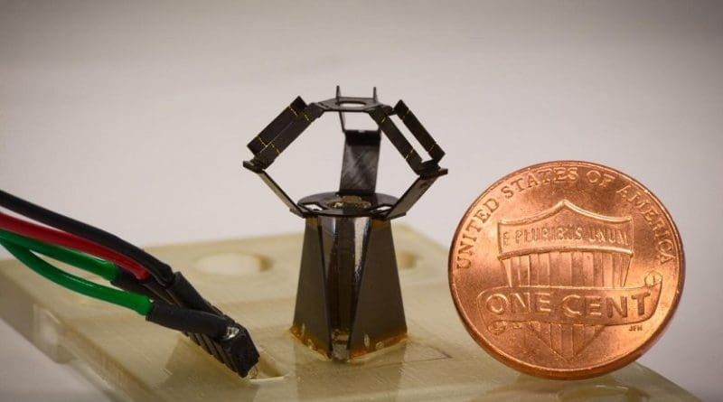 Completely unfolded, the milliDelta with 12 mm-by-15 mm-20 mm roughly compares to a cent piece, and uses piezoelectric actuators and flexural joints in its three arms to control high-frequency movements of a stage on top. Credit Wyss Institute at Harvard University.