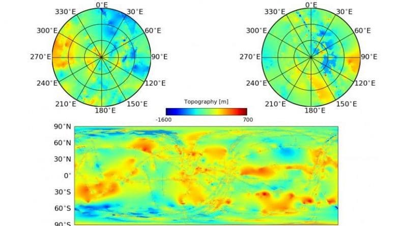 Top: Stereographic polar projections of Titan's topography with the South Pole left and the North Pole right. Bottom: Same as above, but for a global equicylindrical projection. Regions of data used in the interpolation are overplotted in grey. The maximum global relief is on the scale of ~2km, but typical local variations in elevation are more like ~200m - similar to the size of the hills in Ithaca. The topography shows large scale basins, as well as local highs, such as mountains. Understanding Titan's topography can play a role in understanding internal structure, hydrologic processes, and potential influences in Titan's general circulation. Credit NASA/JPL-Caltech/ASI/Cornell