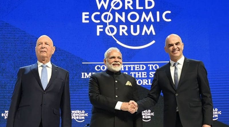 India's Prime Minister, Shri Narendra Modi with the President of the Swiss Confederation, Mr. Alain Berset and the Chairman of the World Economic Forum, Professor Klaus Schwab, at the plenary session of the World Economic Forum, in Davos. Photo Credit: India PM Office.