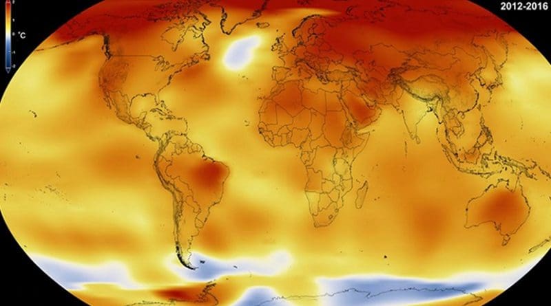 2016 is officially the new warmest year on record, edging out previous record holder 2015 by 0.07°F, according to the National Oceanic and Atmospheric Administration. 2016 was the third year in a row that global average surface temperature set a new record. Credit NASA