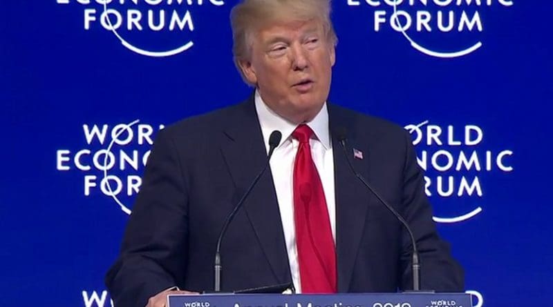 US President Donald J. Trump addresses World Economic Forum 2018 in Davos. Photo Credit: Screenshot White House video.