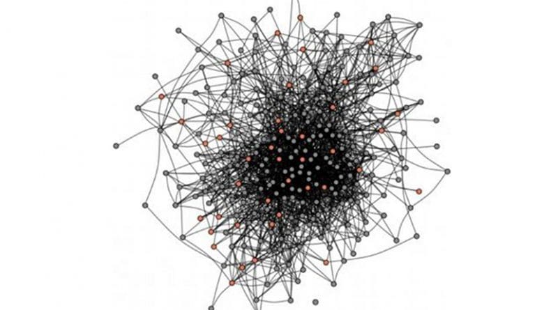 Social network. The social network of an entire cohort of first-year graduate students was reconstructed based on a survey completed by all students in the cohort (N = 279; 100% response rate). Nodes indicate students; lines indicate mutually reported social ties between them. A subset of students (orange circles; N = 42) participated in the fMRI study. Credit Image by Carolyn Parkinson.