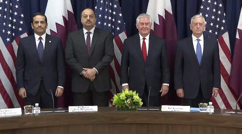 US Secretary of State Rex W. Tillerson, US Secretary of Defense James Mattis, Qatari Foreign Minister Sheikh Mohammed bin Abdulrahman al-Thani, and Qatari Defense Minister Khalid bin Muhammad al-Atiyah. Photo Credit: US State Department video screenshot.