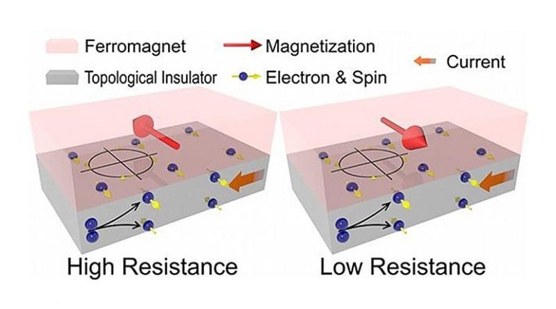 The schematic figure illustrates the concept and behavior of magnetoresistance. The spins are generated in topological insulators. Those at the interface between ferromagnet and topological insulators interact with the ferromagnet and result in either high or low resistance of the device, depending on the relative directions of magnetization and spins. Credit University of Minnesota